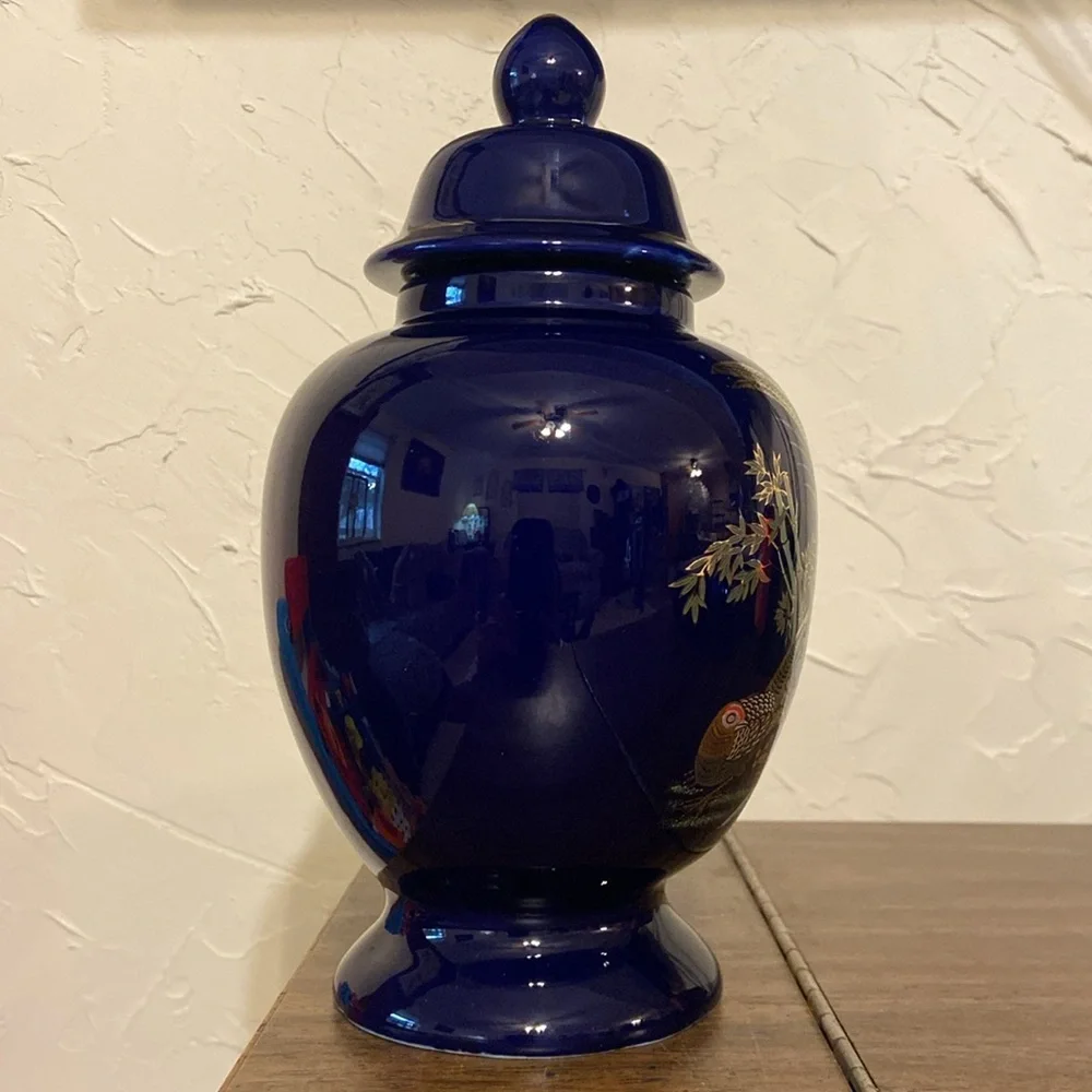 Vintage Japanese Ginger Jar w/ Lid Cobalt Blue with Peacock Bird & Floral 9” - Picture 7 of 15